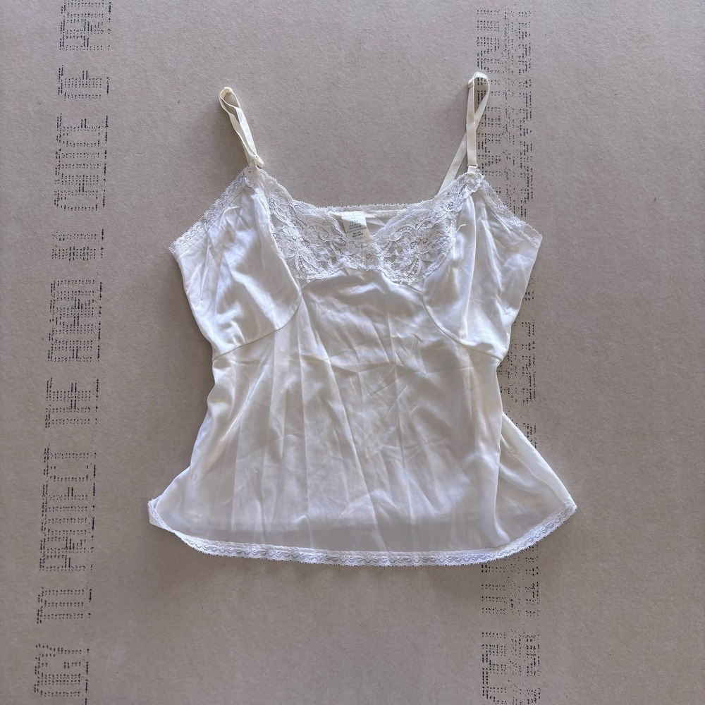 Vintage JCPenney Camisole Top White Lace Trim Silky Nylon 70s 80s